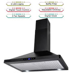 30 inch Wall Mount Range Hood Stainless Steel 350 Cfm Cooking Stove Vented LED Lamp 3 Speed Black