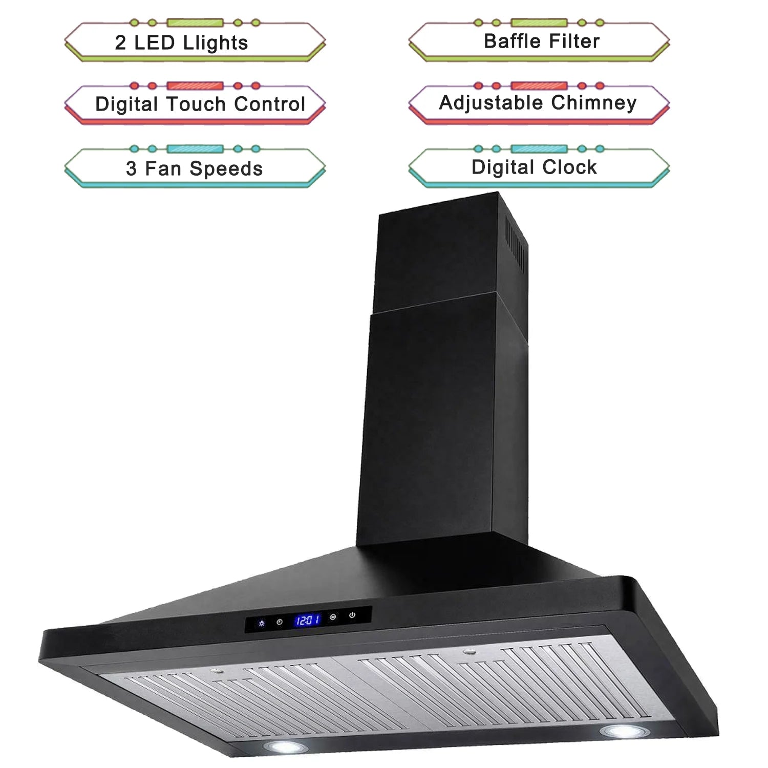30 inch Wall Mount Range Hood Stainless Steel 350 Cfm Cooking Stove Vented LED Lamp 3 Speed Black