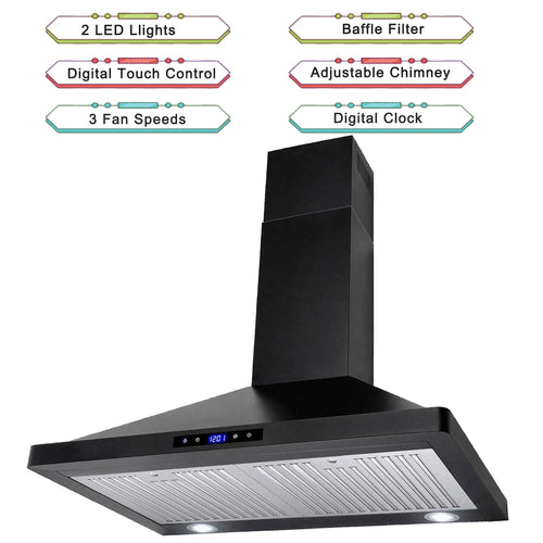 30 inch Wall Mount Range Hood Stainless Steel 350 Cfm Cooking Stove Vented LED Lamp 3 Speed Black
