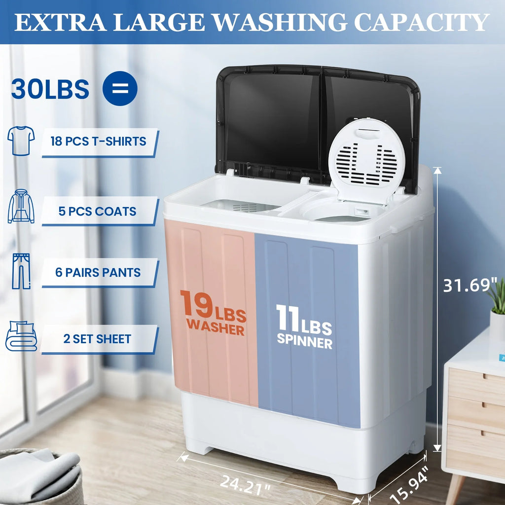 Veeboto Portable Washing Machine, 30LBS Twin Tub Mini Compact Laundry 19lbs Washer/11lbs Spinner with Drain Pump & Time Control Washer Spinner Combo, White