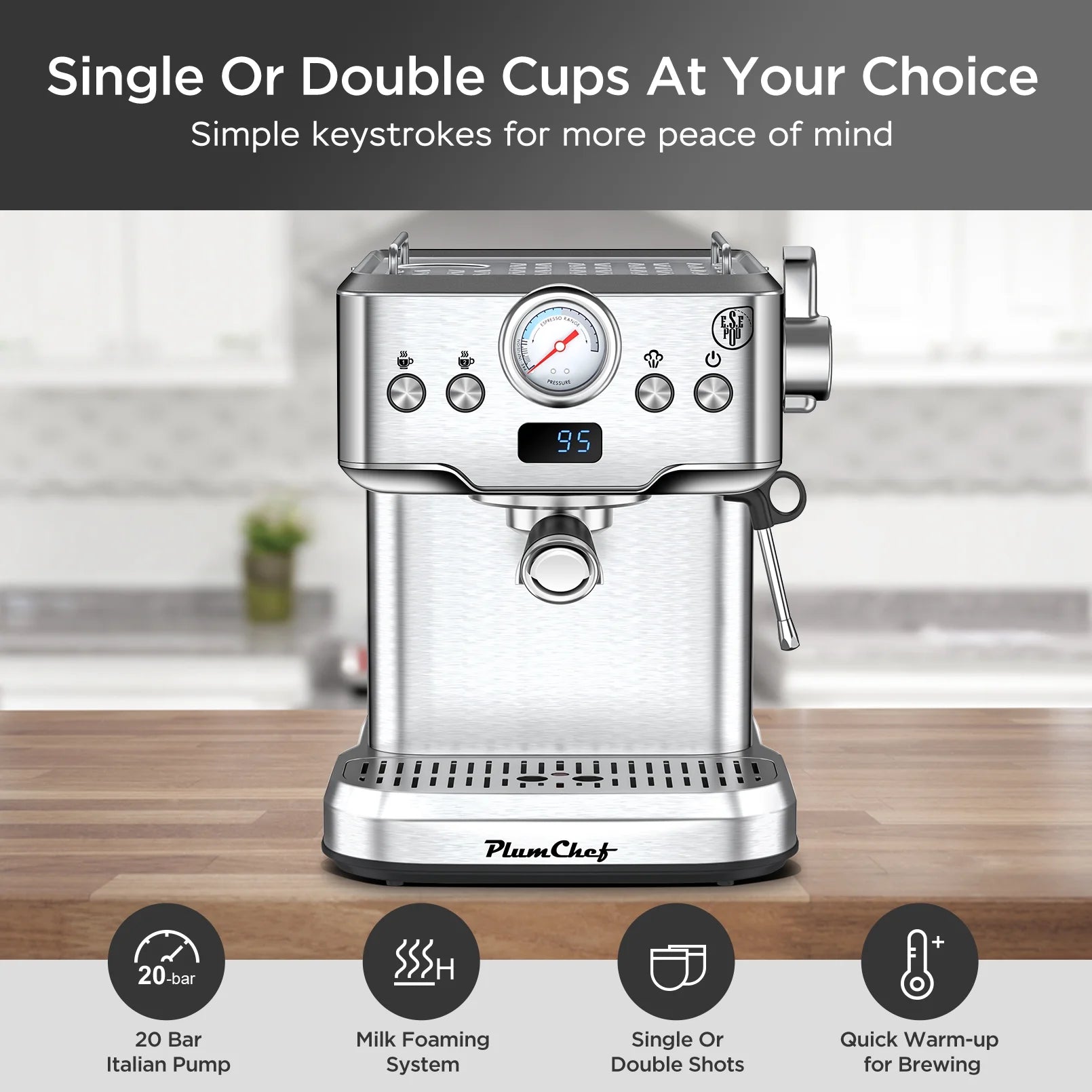 20 Bar Espresso Machine with Milk Frother, Single & Double Shot, ESE Pod Compatible, Removable Water Tank for Cappuccino, Latte, & Machiato for Home Barista