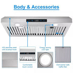 Under Cabinet Range Hood 30 inch Stainless Steel Kitchen Hood 600 CFM Stove Filter Touch Control LED Lights
