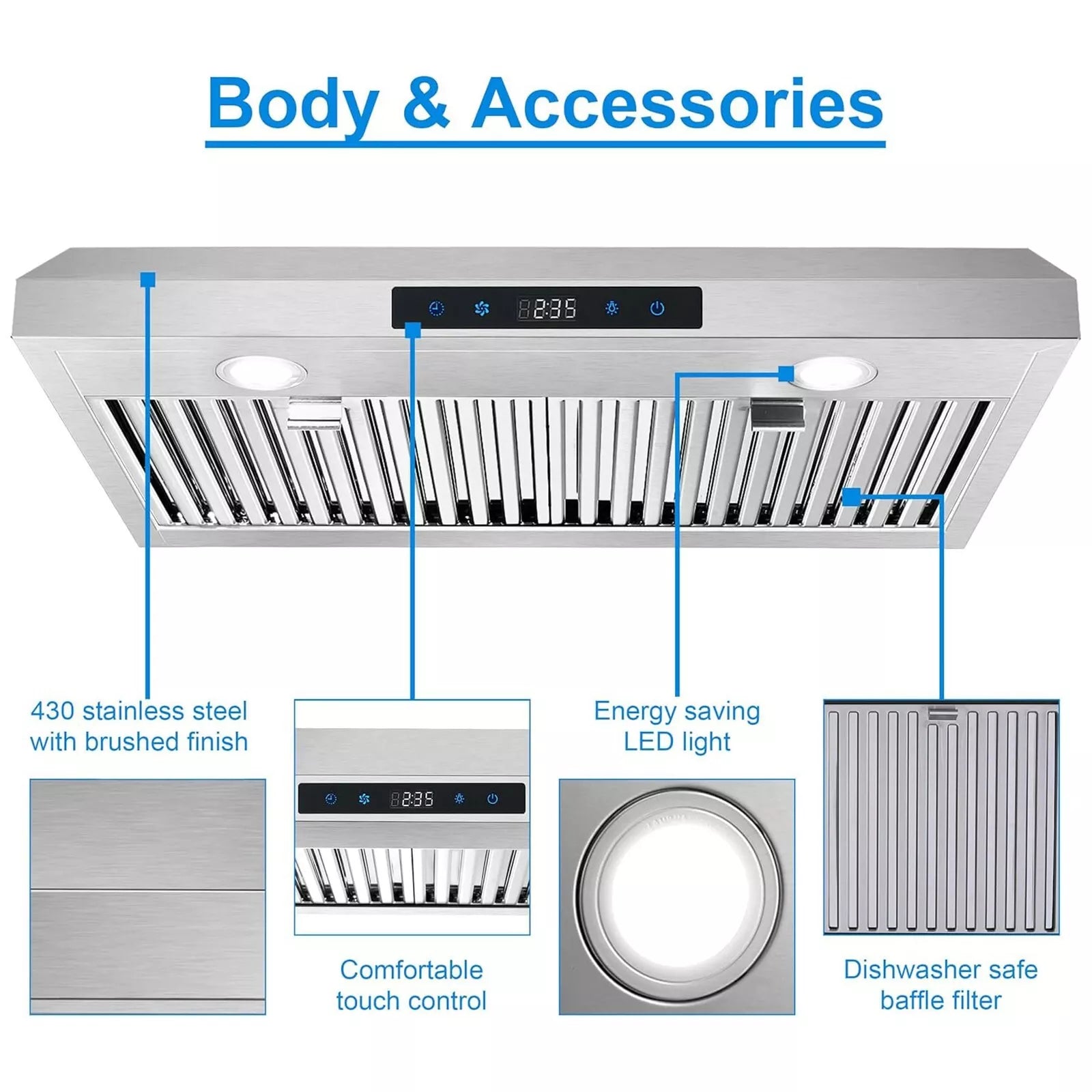 Under Cabinet Range Hood 30 inch Stainless Steel Kitchen Hood 600 CFM Stove Filter Touch Control LED Lights