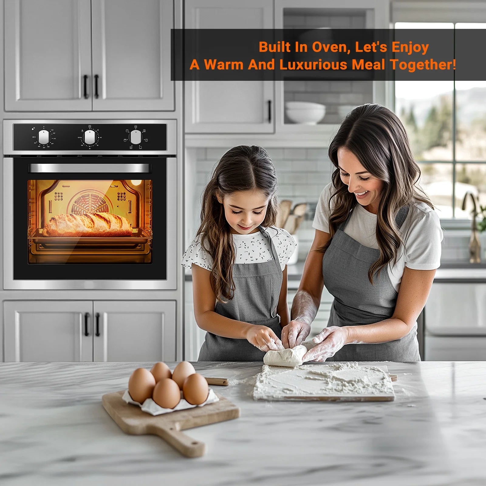 24" Single Wall Oven, Sunmaki 2.5 Cu. Ft. Built-in Electric Oven with 5 Cooking Functions, Mechanical Knobs Control