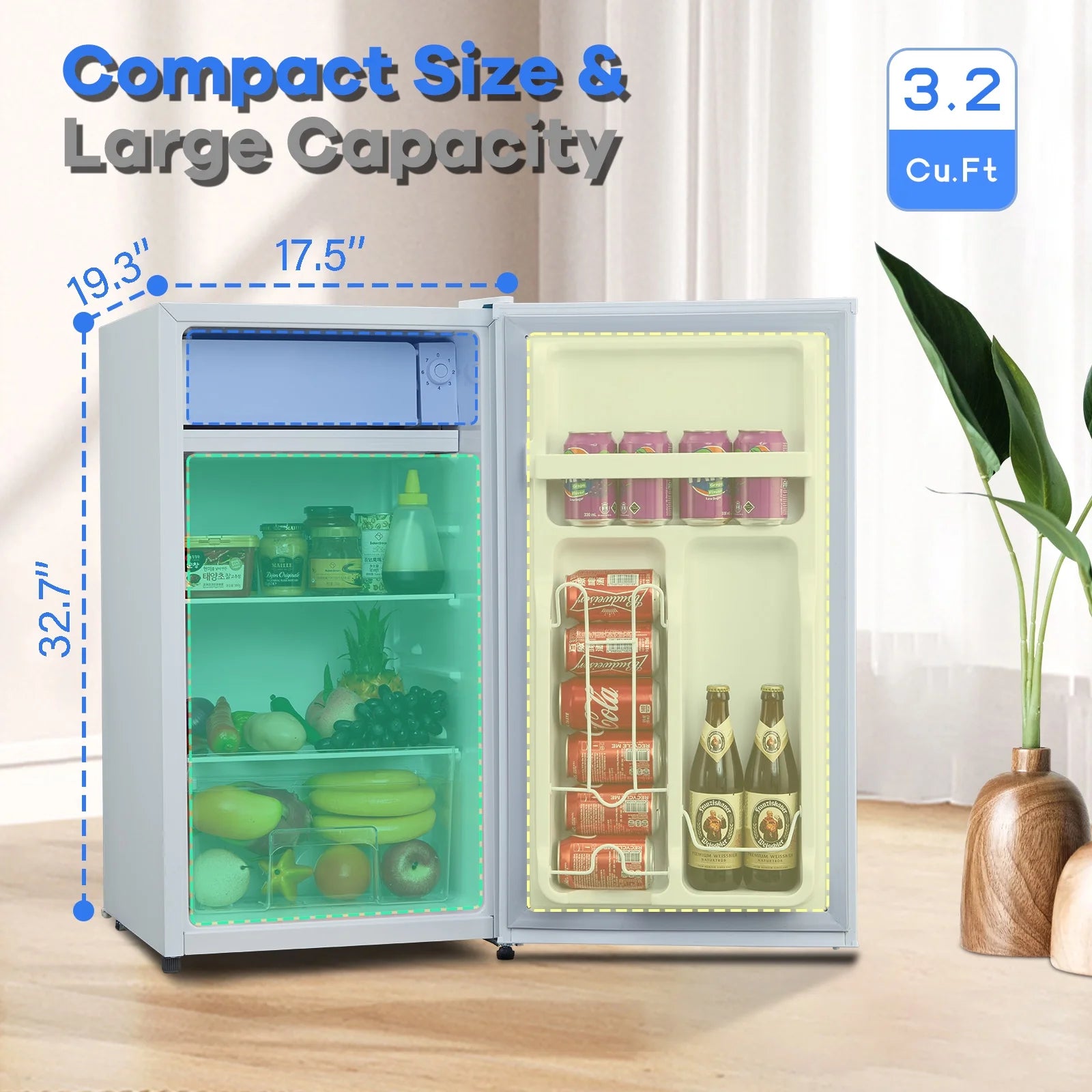 OYang Single Door Mini Fridge, Super Quiet 19.3"D x17.5"W x 32.7"H