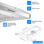 AMZCHEF Under Cabinet Range Hood 30 Inch, 750CFM Wall Mount Range Hood with 3 Speed Kitchen Exhaust Fan, Button Control, AC Motor