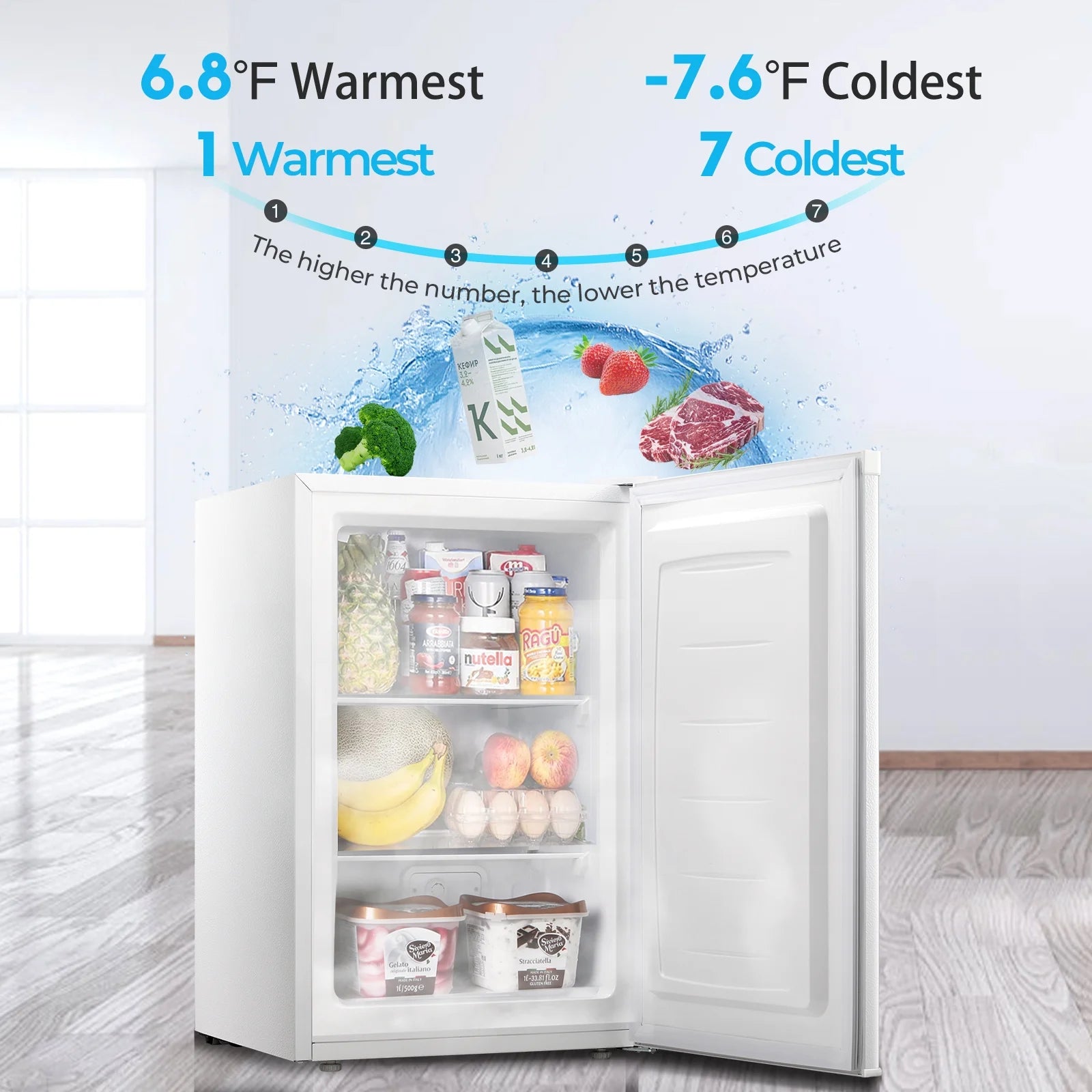 WAA 3.0 Cu.ft Small Freezer, Mini Upright Freezer with Adjustable Thermostat, Removable Shelves, Reversible Single Door, for Bedroom/Home/Dorms/Apartment, Silver