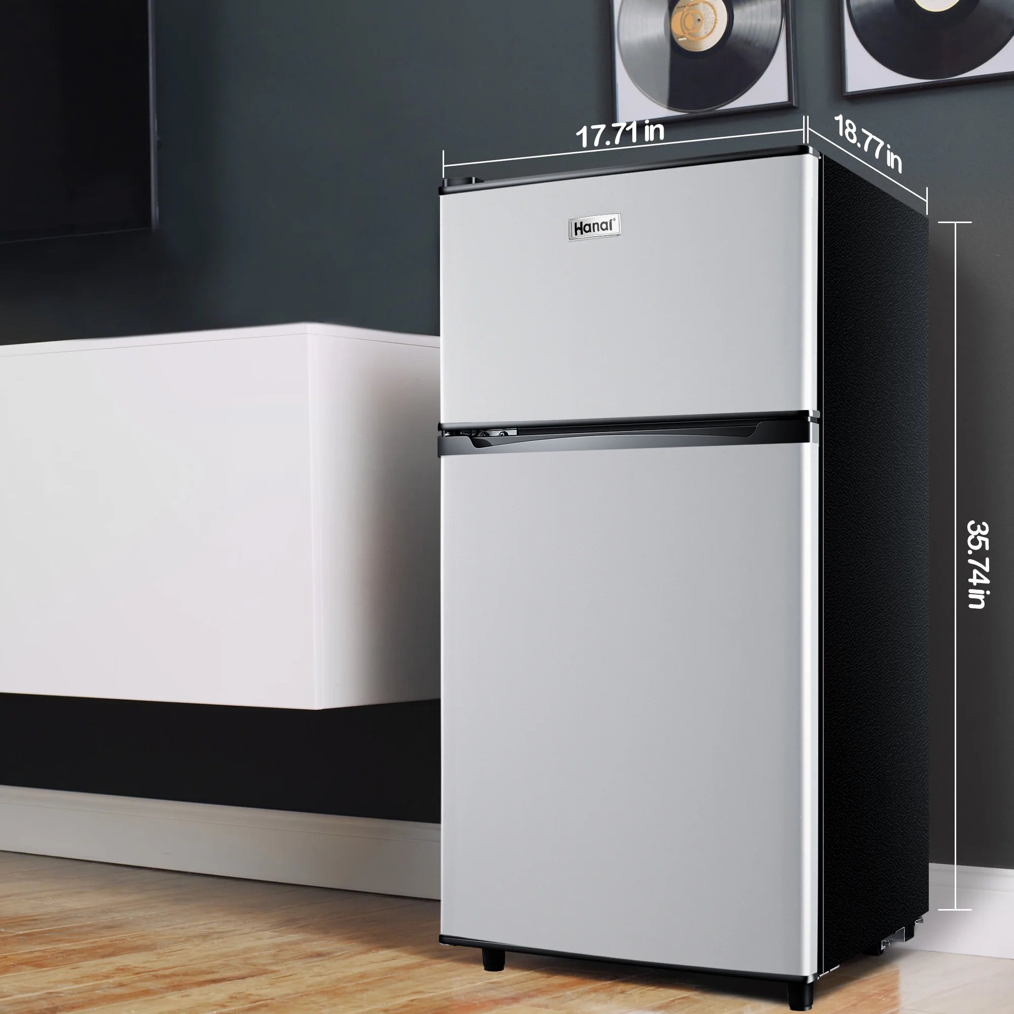 WANAI Two-Door Mini Fridge with Freezer, Silvery, 3.5 Cu ft