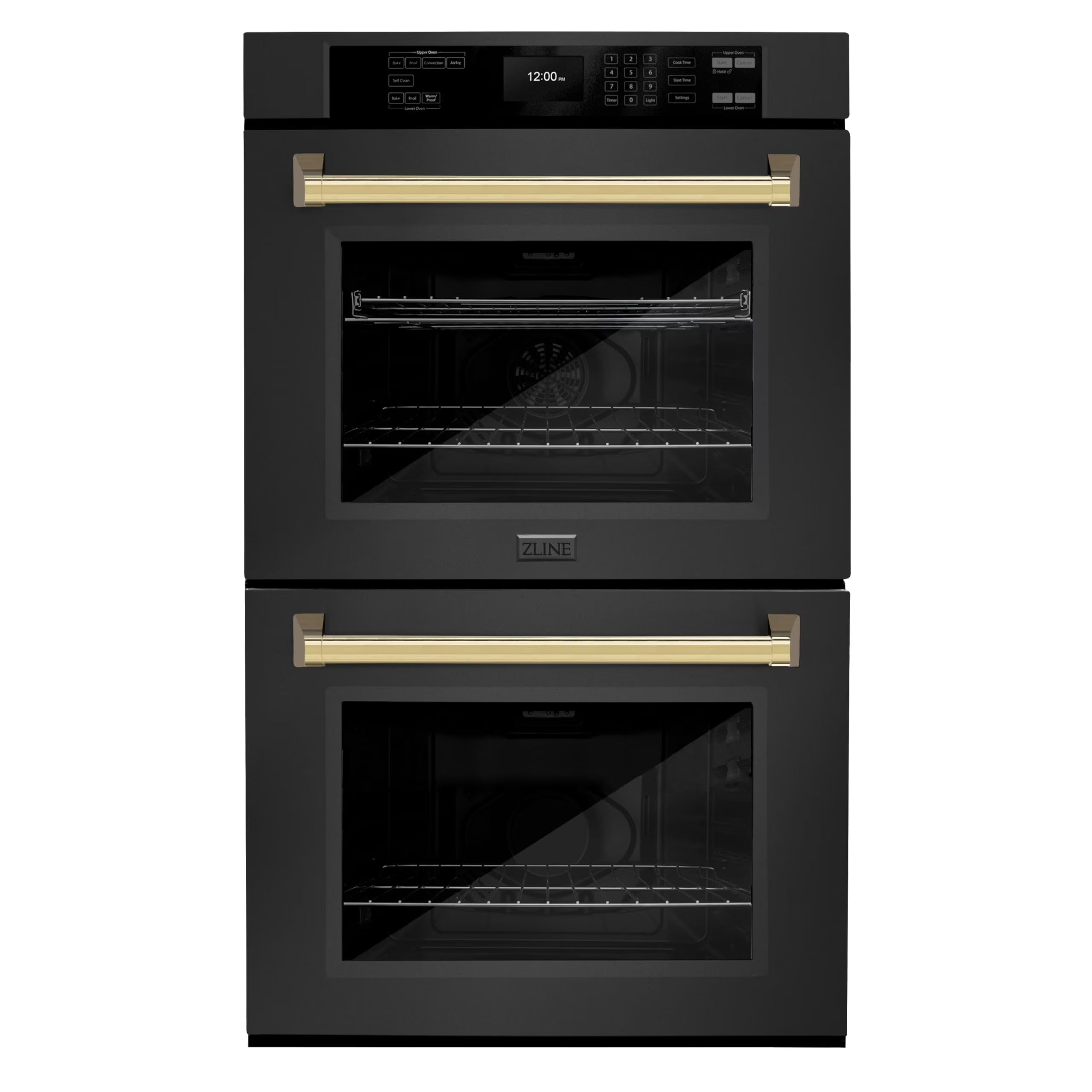 ZLINE 30 in. Autograph Edition Professional Convection Double Wall Oven with Air Fry and Self Clean in Black Stainless Steel with Polished Gold Handles (WADBZ-30-G)