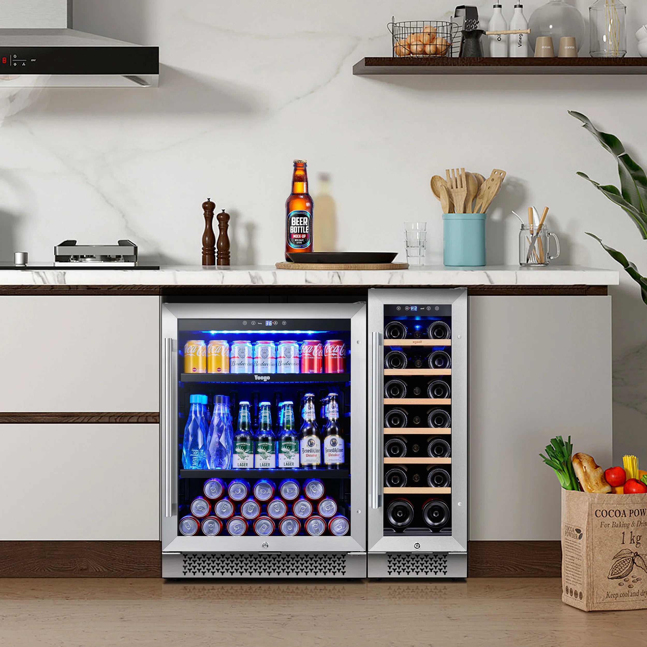 Yeego 30" Wine and Beverage Refrigerator,Two 15" Wine and Beverage Cooler Under Counter or Freestanding, Hold 33 Bottles and 80 Cans(Two Pack)