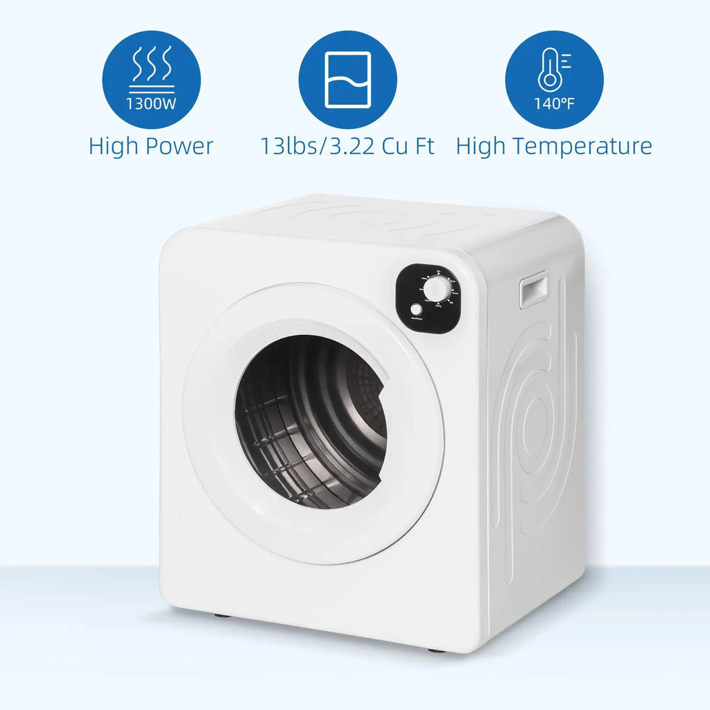 Resenkos Compact Laundry Dryer 1300W Portable Clothes Dryer with 3.2 cu.ft Stainless Steel Drum, Front Load Electric Dryer, White