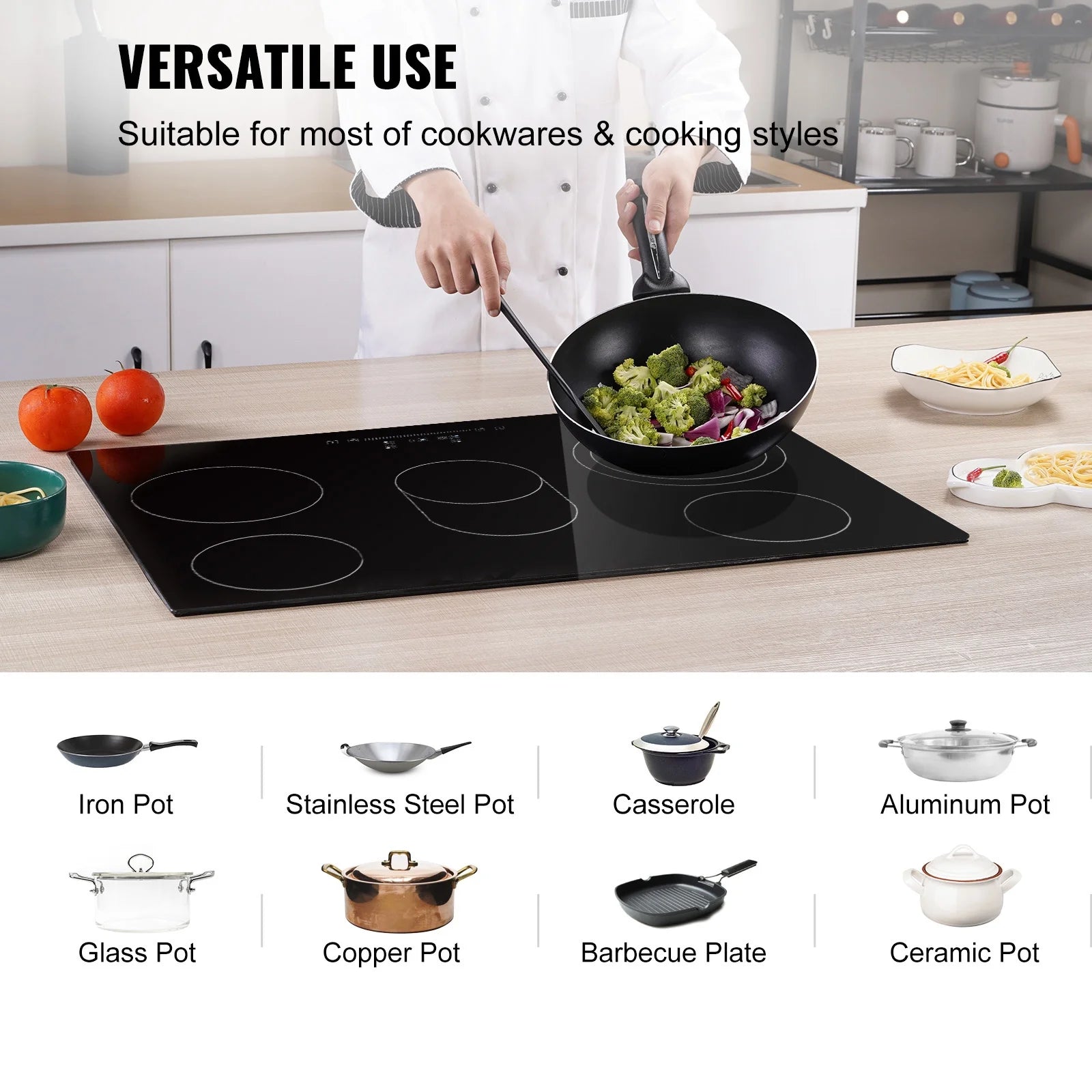 KFFKFF 8600W Electric Ceramic Cooktop, 30" 5 Burners Built-in Countertop Burners Cooker Touch Control, Overheat Protection, Child Lock, 9 Power Levels, 220-240V (NO Plug)