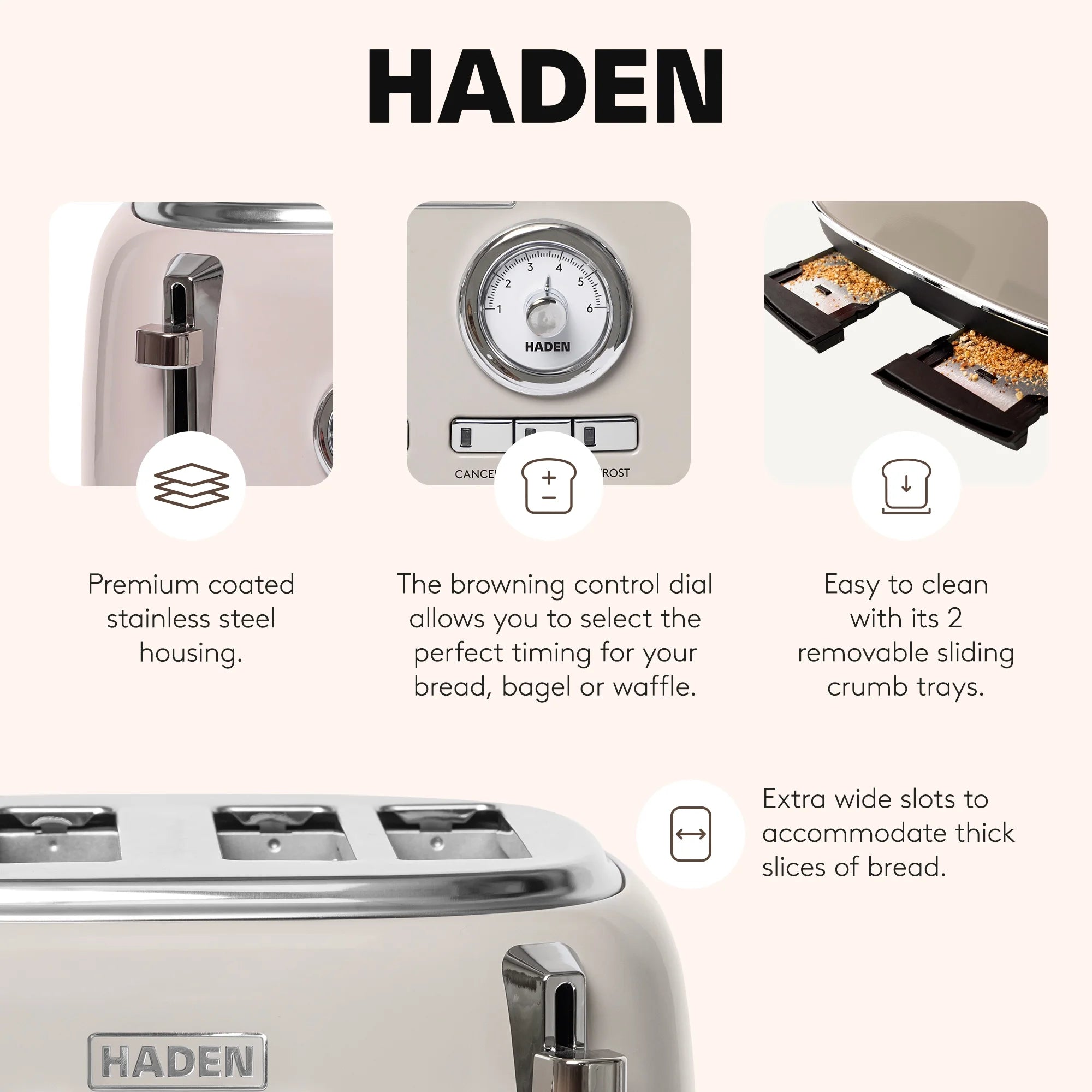 HADEN Dorset Stainless Steel 4-Slice Toaster with Browning Control, Cancel, Reheat and Defrost Settings