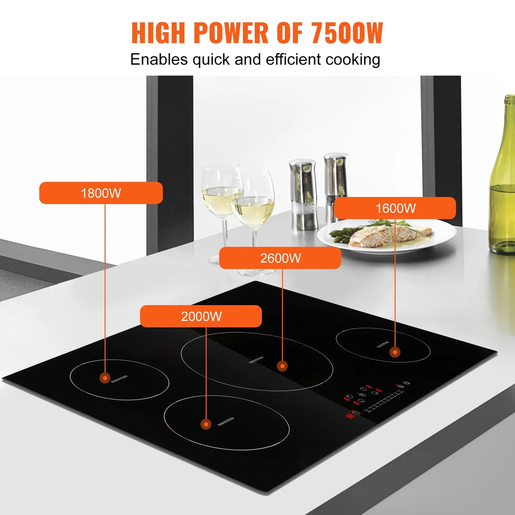 KFFKFF 30" Electric Cooktop, 4 Burners 7500W Built-in Electric Stove with Touch Controls, Safety Lock, 9 Temperature Settings 220-240V