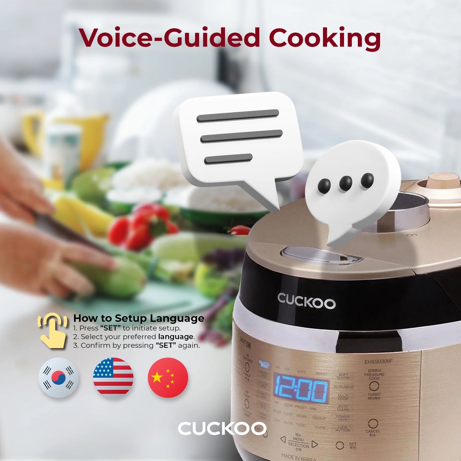 Cuckoo 3 Cup Dry Induction Heating Pressure Rice Cooker with Micom Logic Tech, Nonstick Pot, Warmer, 16 Menu Modes and Voice Guide in Gold (CRP-EHSS0309FG)