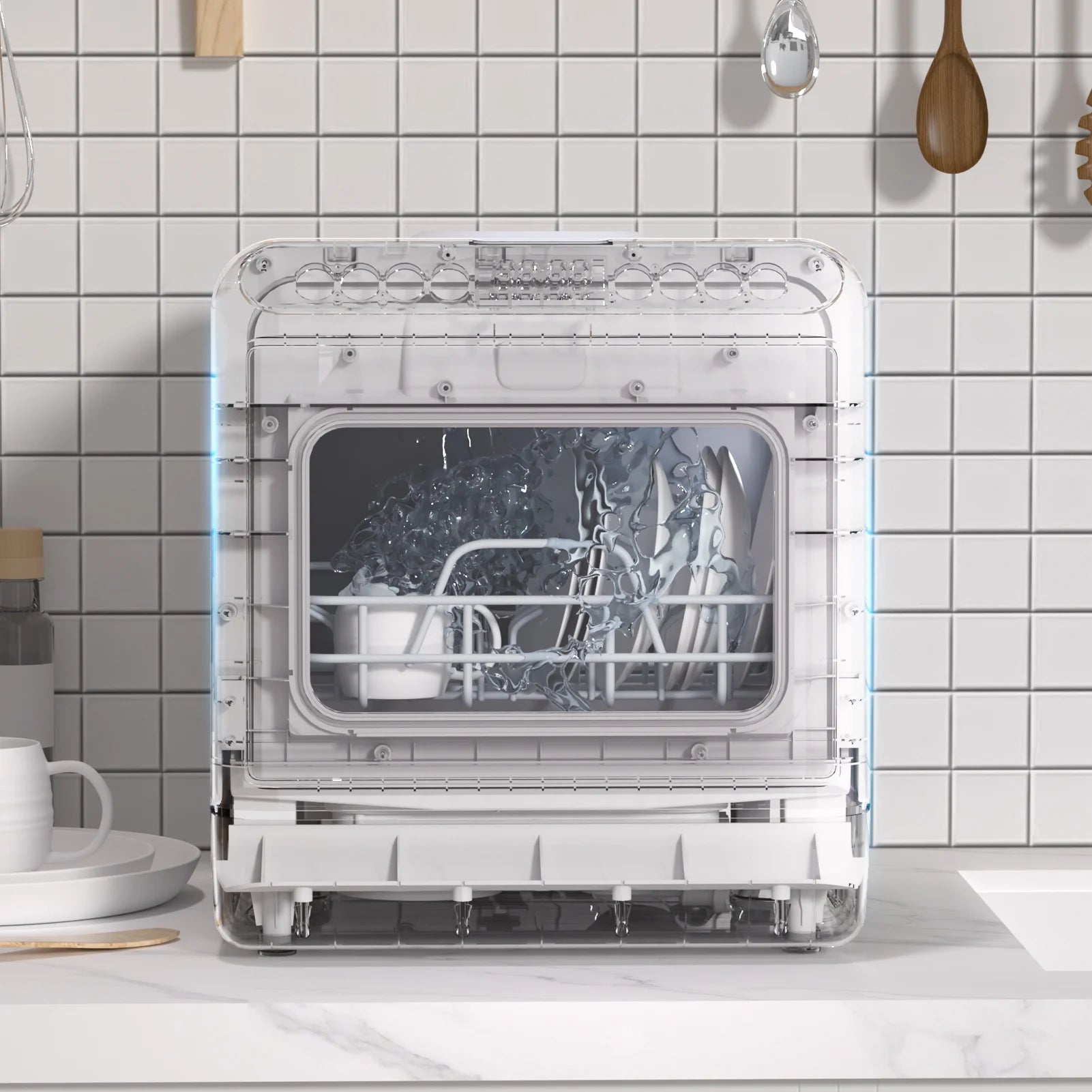 Happydeer Mini Dishwasher with a Built-in 5L Water Tank, No Hookup Needed, 2-Tier Rack, 3-Spray Arm, Air-Dry Function, Automatic Smart Portable Countertop Dishwasher