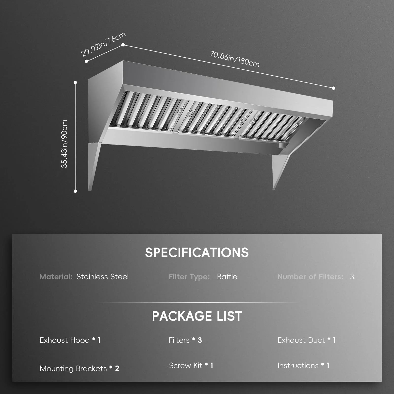 Aoile Commercial Exhaust Hood, 94.48" Rust Resistant Wall Mount Range Hood
