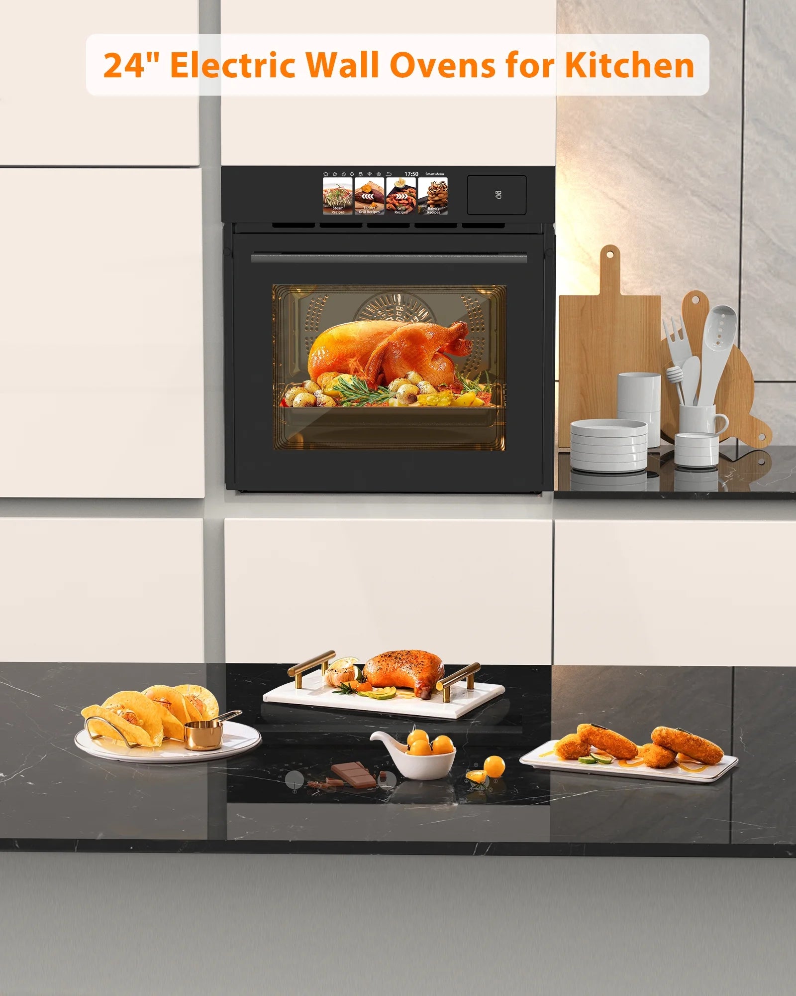 Zzistar Single Wall Oven with TFT Display ,24" Built-in Electric Ovens with 11 Functions, 8 Automatic Recipes, 2800W, 240V, 2.5Cu.f