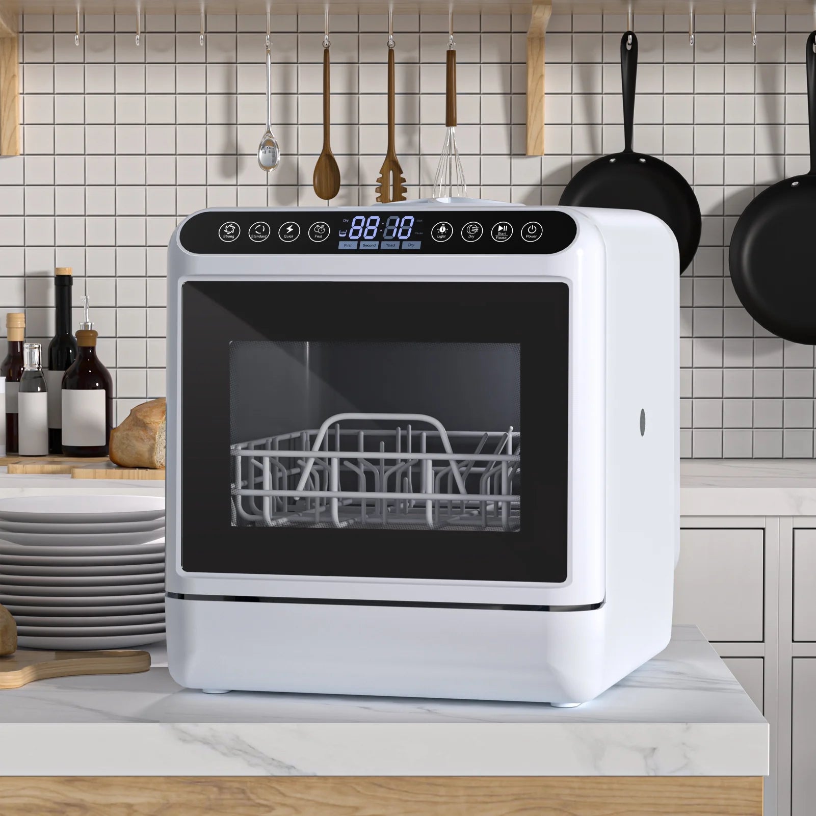Happydeer Mini Dishwasher with a Built-in 5L Water Tank, No Hookup Needed, 2-Tier Rack, 3-Spray Arm, Air-Dry Function, Automatic Smart Portable Countertop Dishwasher