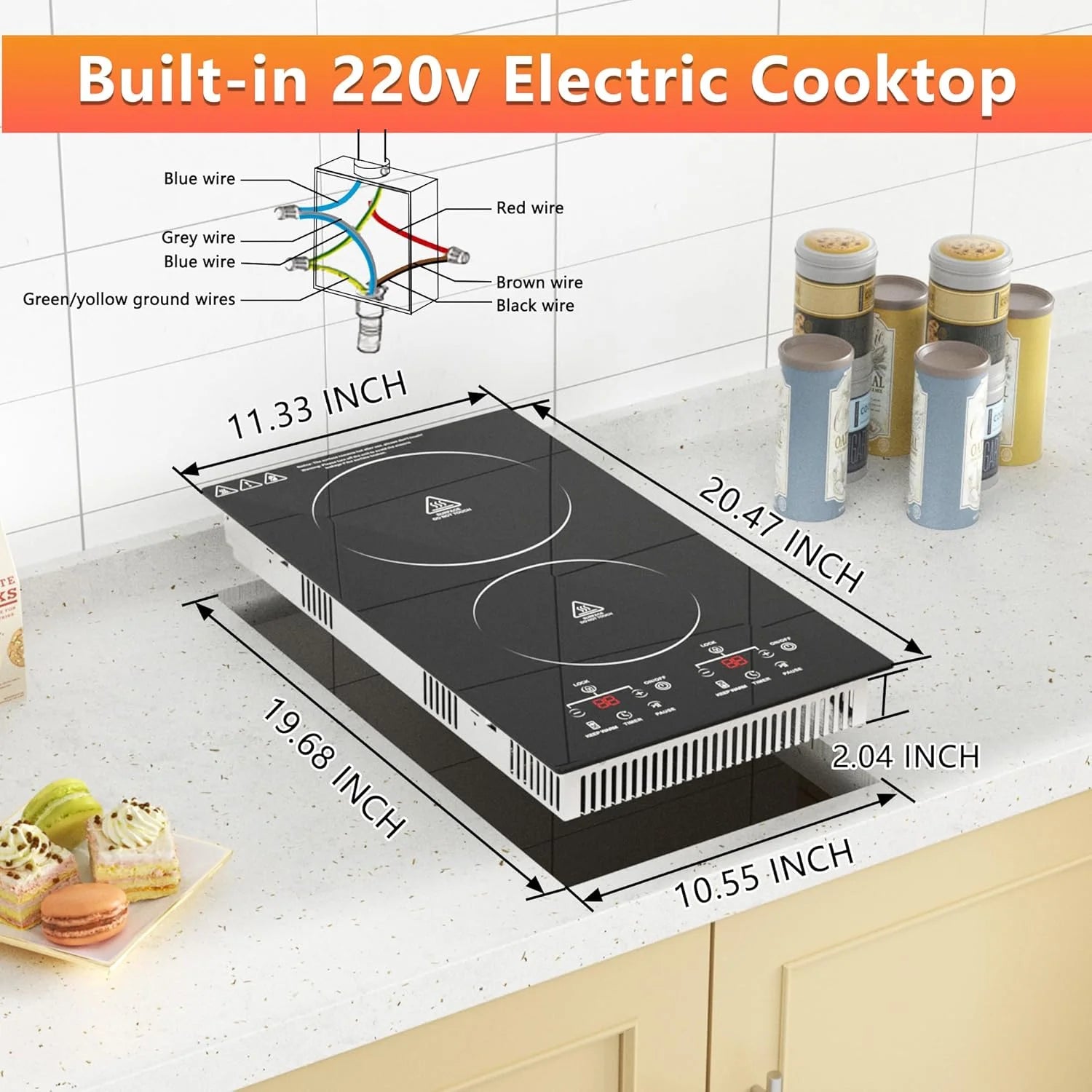 2 Burner Electric Cooktop, 12 Inch Electric Stove Top, Built-in Electric Cooktop with Sensor Touch Control, Timer & Child Lock Included,Keep Warm,9 Power Levels, 3000W, 220V-240V Hard Wired (No Plug)