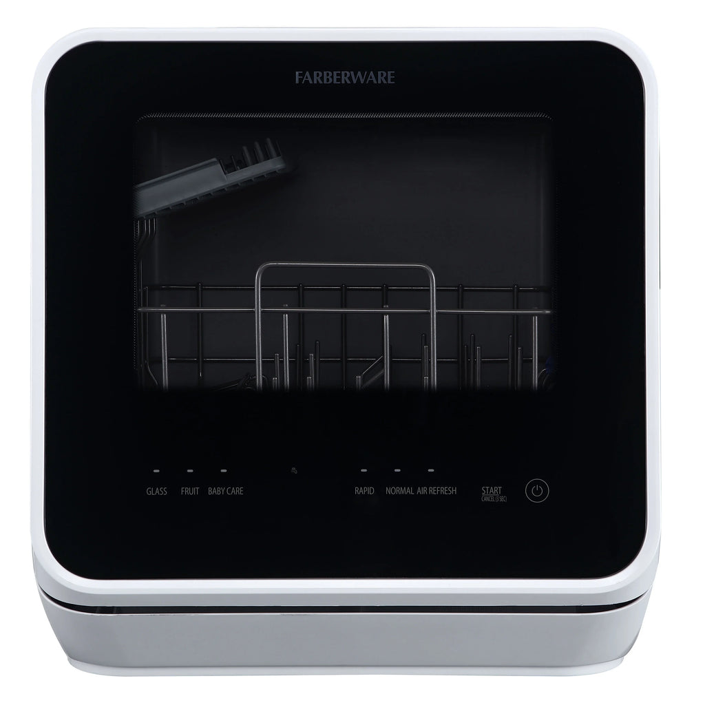 Farberware Portable Dishwasher with Built-In Water Tank with Baby Care and Fruit Wash Settings in White w/ 6-Place Setting Capacity, FDW05ASBWHA