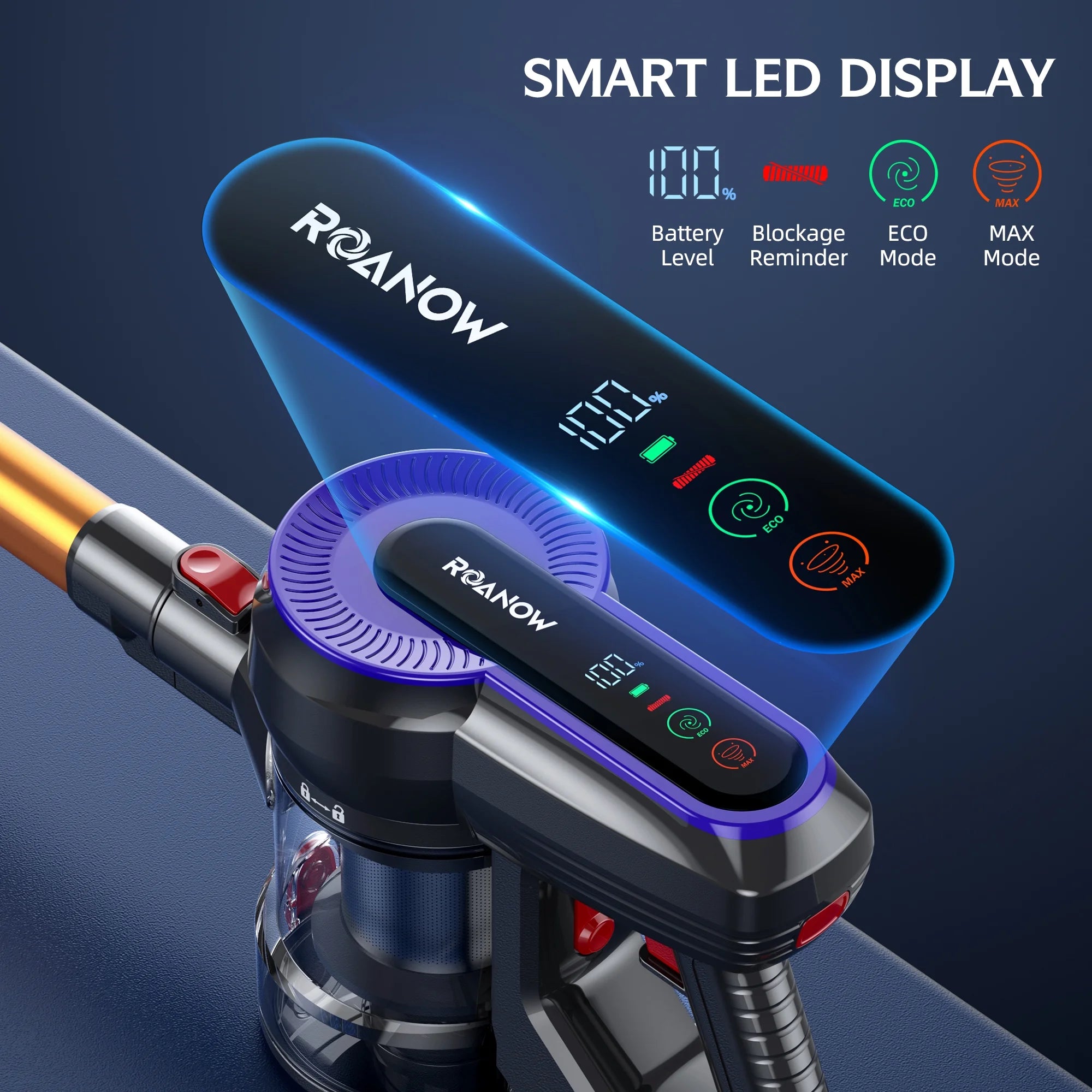 Roanow Cordless Vacuum Cleaner, 38KPA/55Mins with Display Stick Vacuum for Home Hardwood Floor Carpet Pet