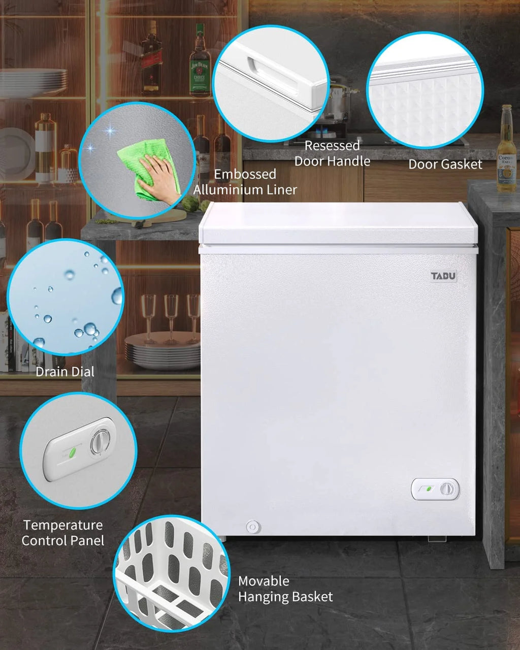 TABU Chest Freezer, 10.0 Cu ft Deep Freezer with Removable Basket, Adjustable Temperature, Compact Freezer with Top Open Door (White)