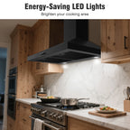 FIREGAS Wall Mount Range Hood 30 inch Black Vent Hood for Kitchen400 CFM with Ducted Convertible Ductless Kitchen Hood in Stainless Steel, 3-speed Whole-House Fan, LED Lights