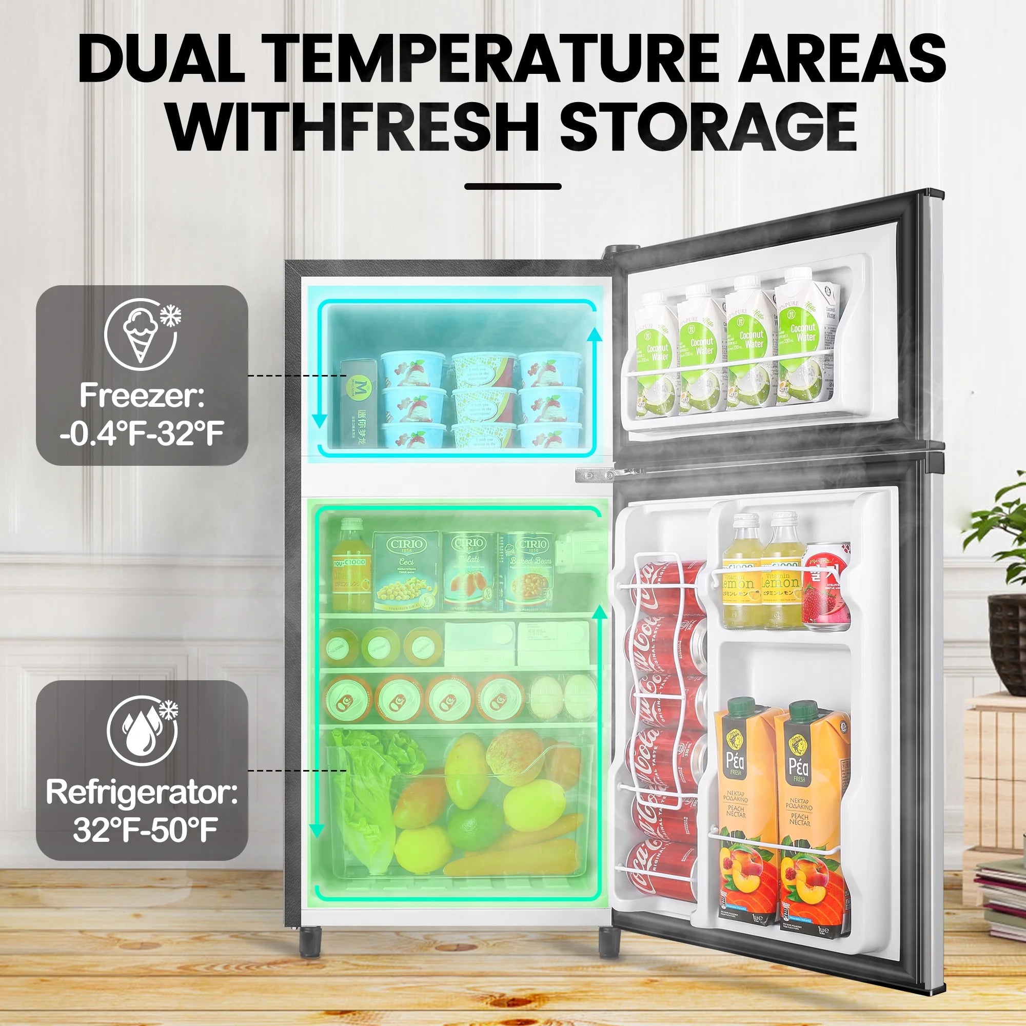 2 Door Mini Fridge with Freezer,3.5Cu.ft Small Freezer,7 Adjustable Thermostat,Blue,New