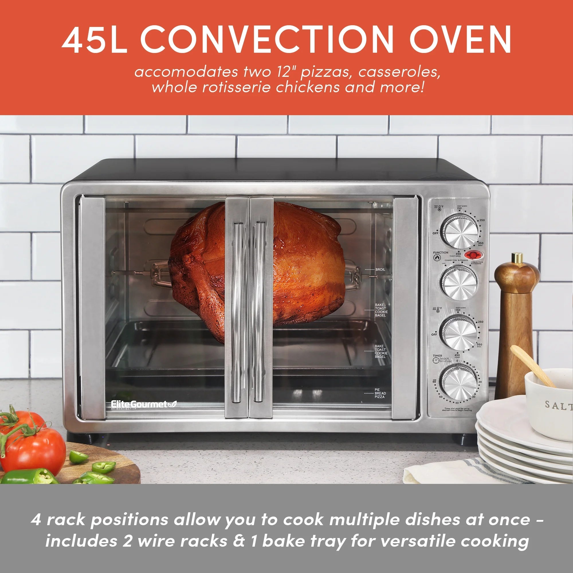 Elite Gourmet ETO-4510M New Double Door Oven with Rotisserie and Convection