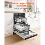 KFFKFF 24-Inch Built-In Dishwasher with Stainless Steel Interior, 14 Place Settings, 8 Wash Cycles, Quiet Operation, Adjustable Racks, and Zoned Storage, Dimensions: 23.82 x 25.2 x 33.78 Inches