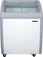 Frigidaire Commercial Chest Freezer for Ice Cream and Frozen Foods, Glass Top Display Storage Case, 4 Cu. Ft. Bin, Rolling Caster Wheels, Adjustable Temperature, Energy Efficient Cooling