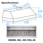 Akicon 48 Inch Range Hood Insert, Stainless Steel 8" Ducted Insert/Built-in Kitchen Vent Hood with 1200 CFM Suction, Dimmable LED Lights and Dishwasher Safe Filters, 4 Speed-Cool White