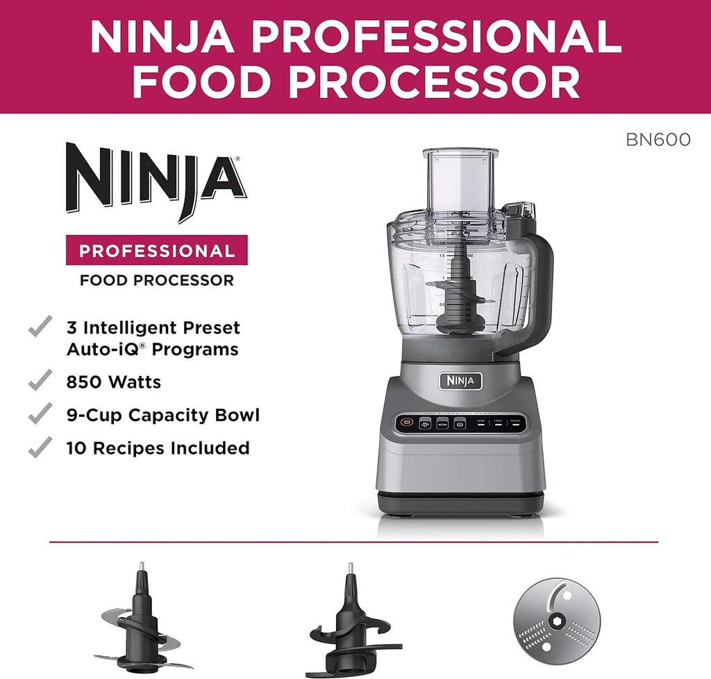 Restored Ninja BN600 Professional Plus Food Processor, 850 Watts, 3 Functions for Chopping, Slicing & Dough with 9-Cup Processor Bowl, 3 Blades, Food Chute & Pusher, Silver (Refurbished)