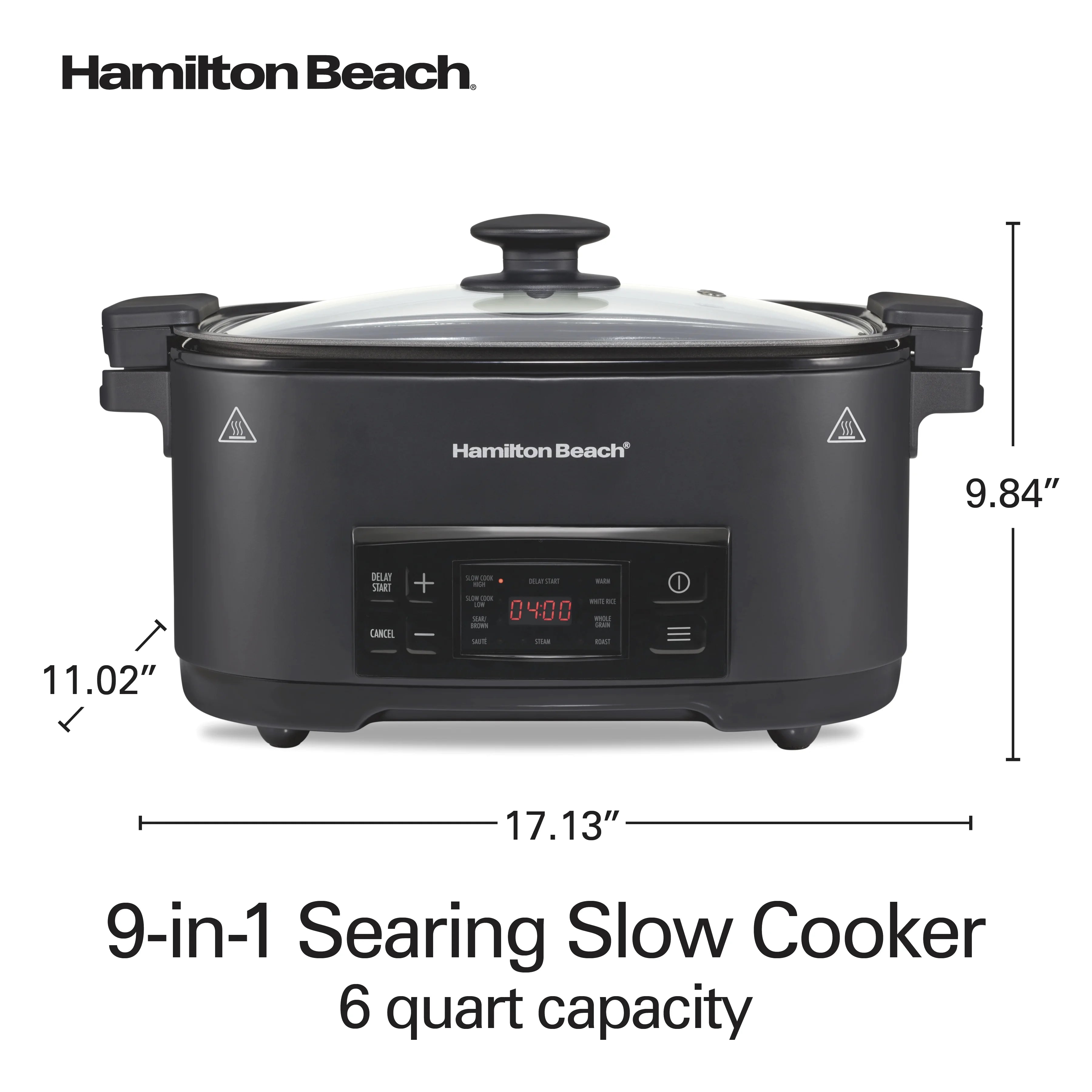 Hamilton Beach 9-in-1 Multi Cooker, 6 Qt Searing Slow Cooker, Nonstick Aluminum Crock with Removable Pot, Black