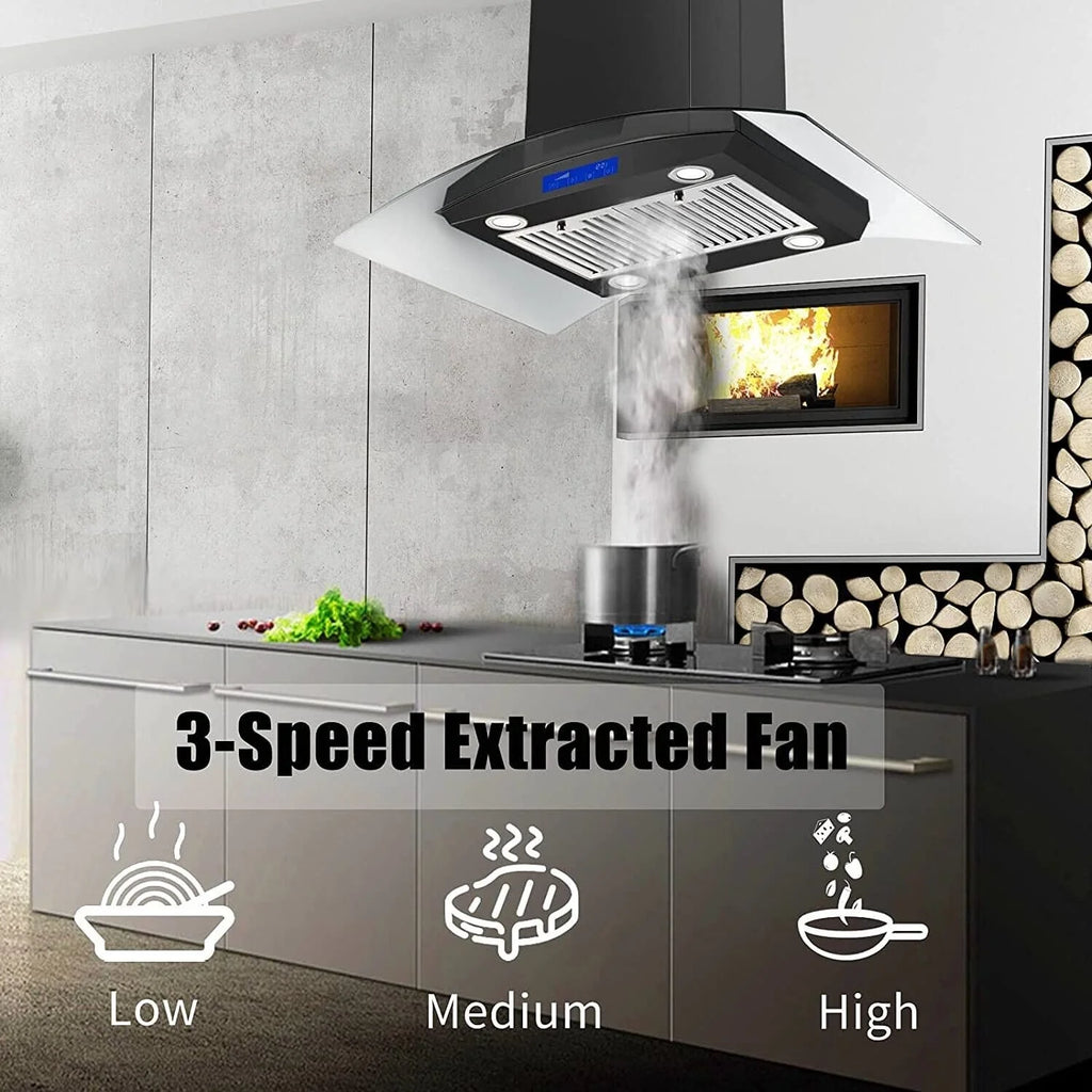 Joeaonz 30-Inch Island Range Hood 900CFM Stainless Steel with Glass Touch Control and Permanent Reusable Filters