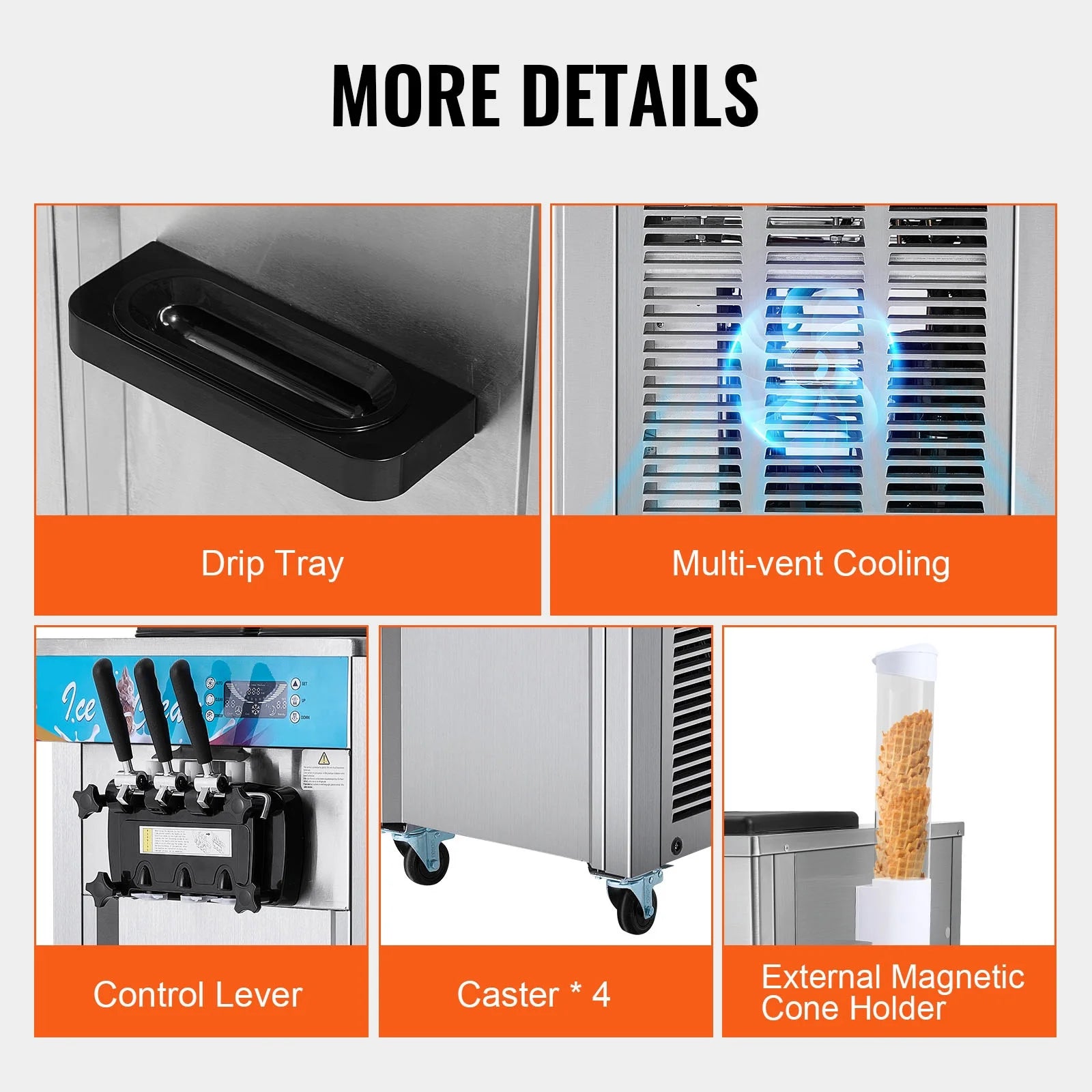 KFFKFF 3-Flavor Commercial Ice Cream Machine 21-31 L/H Soft Serve Ice Cream Maker 2 5.5L*2 Cylinder LED Panel and Auto Clean