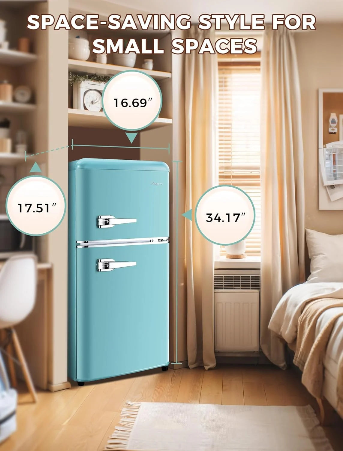 KRIB BLING 3.2 Cubic Feet Double Door Mini Fridge with Freezer, Mini Compact Refrigerator 2 Doors for Dorm, Office, Apartment, RV, Bedroom, Black