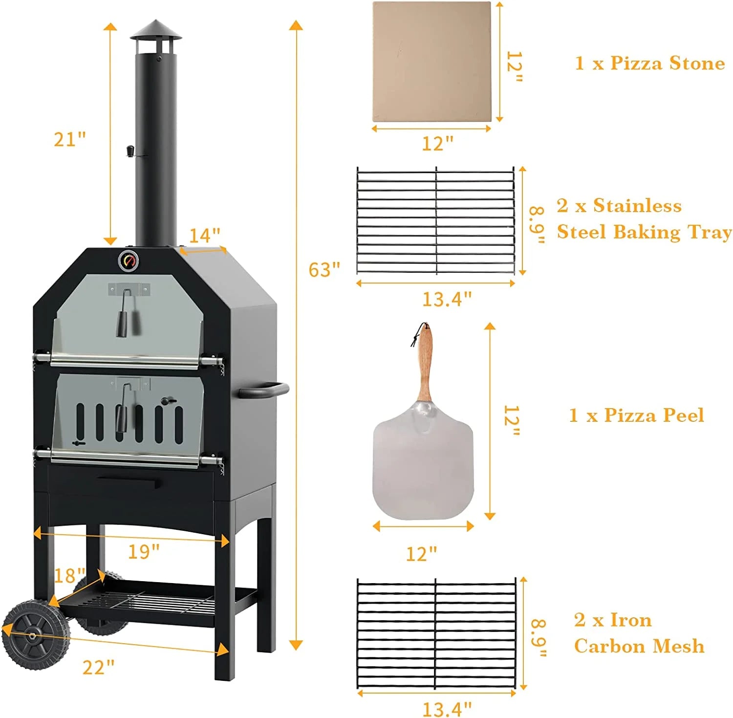 UDPATIO Outdoor Pizza Oven Wood Fired, Wood Pizza Ovens for Outside with Waterproof Cover, Pizza Stone, Peel, 2 Layer Steel, Freestanding Steel Oven with 2 Wheels for Kitchen BBQ Backyard Party