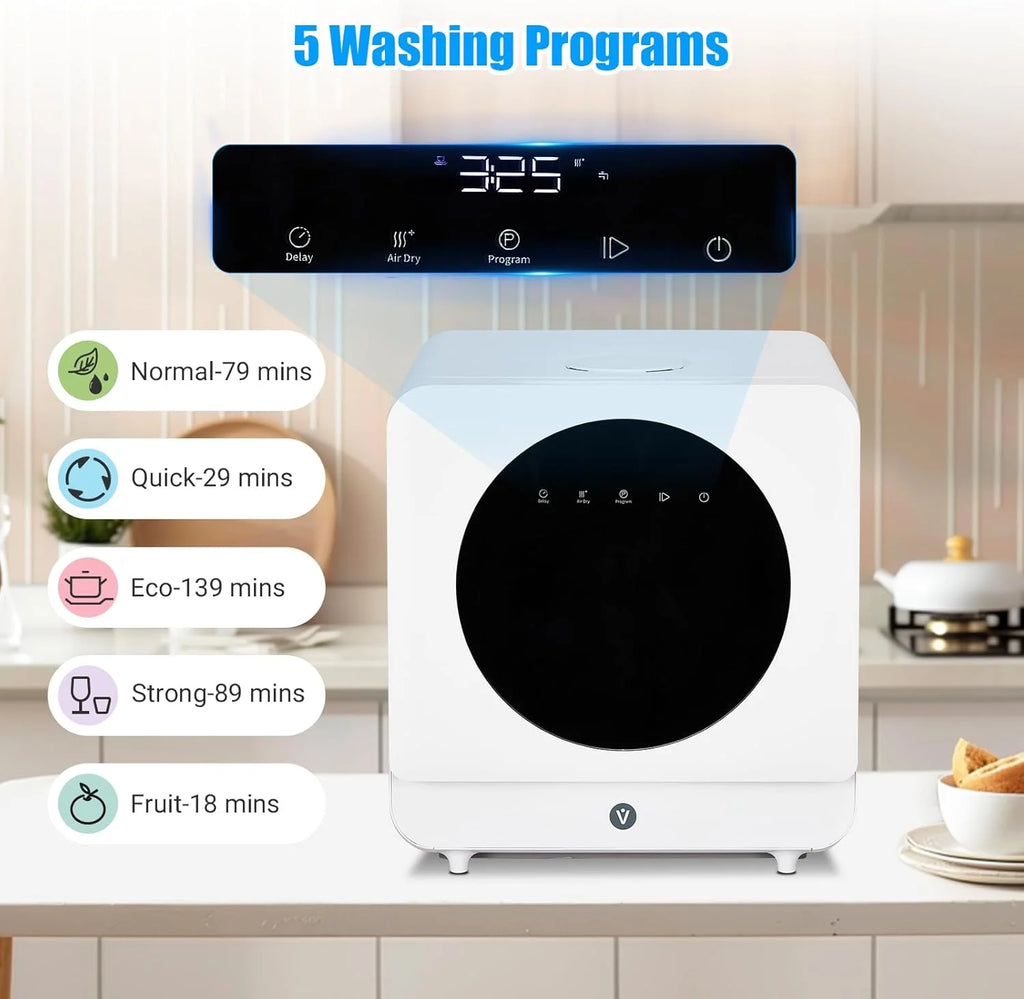 NEILA Countertop Dishwasher - 5 Programs Portable Dishwasher with Touch Control & Air-Drying Function, 2 in 1 Tabletop Dishwasher for Home, Apartments - White