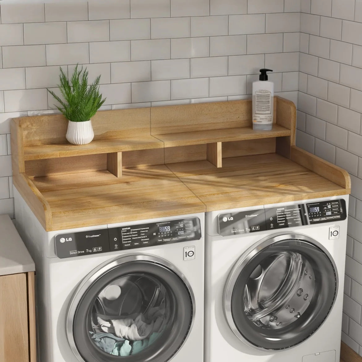 Modern Washer Dryer Countertop with 2-Tier Shelf,Laundry Room Countertop Organization Storage with 2.75" H Guard Edge Rails,Non-Slip Pad,Waterproof and Easy to Clean,54"W x 27.55"D,Natural Wood