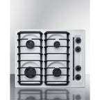 24" wide gas cooktop with four sealed burners, white porcelain surface, and cast iron grates; made in the USA