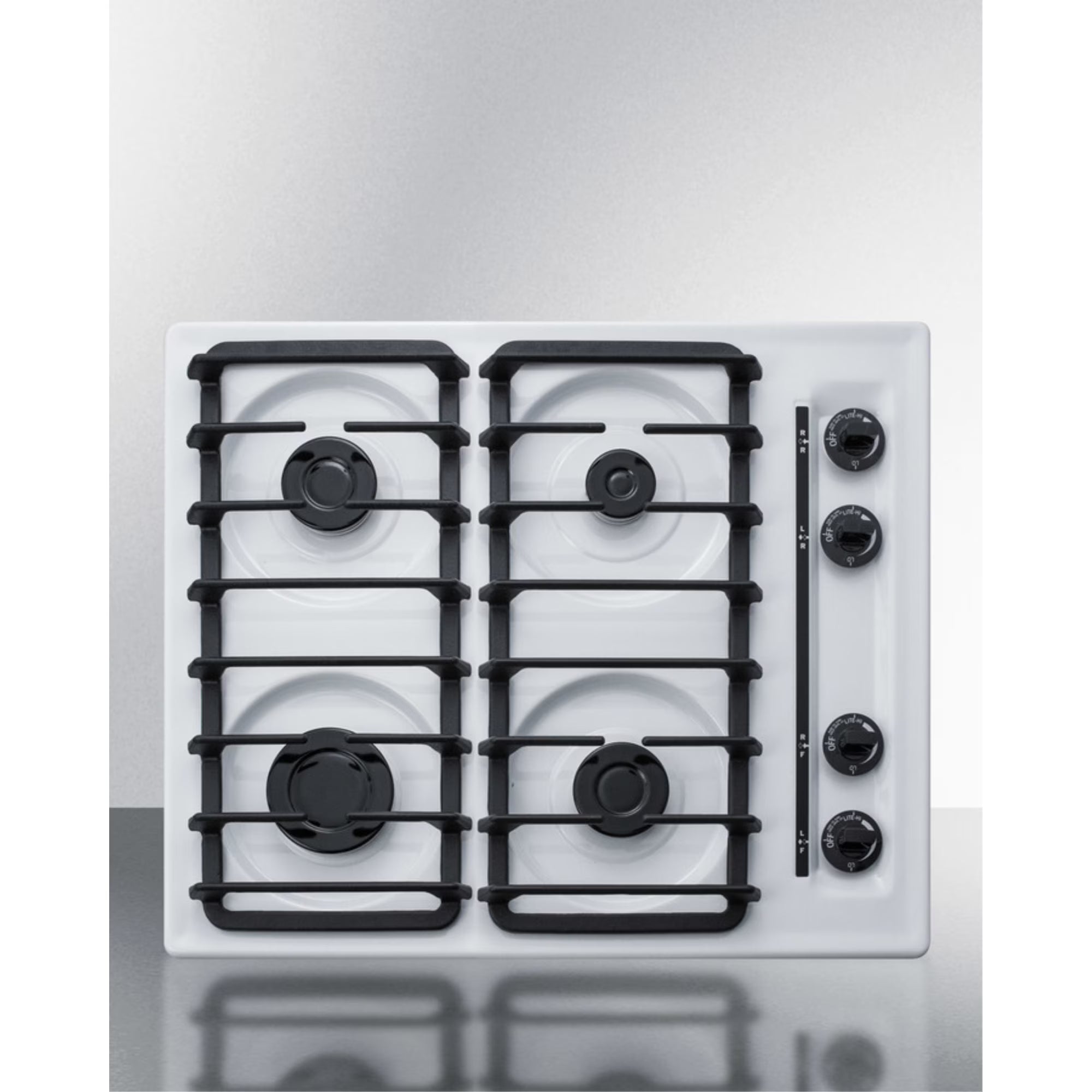 24" wide gas cooktop with four sealed burners, white porcelain surface, and cast iron grates; made in the USA