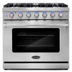 Cosmo 5 Piece Kitchen Appliance Package with 36" Freestanding Gas Range 36" Island Range Hood 24" Built-in Fully Integrated Dishwasher French Door Refrigerator & 48 Bottle Wine Refrigerator