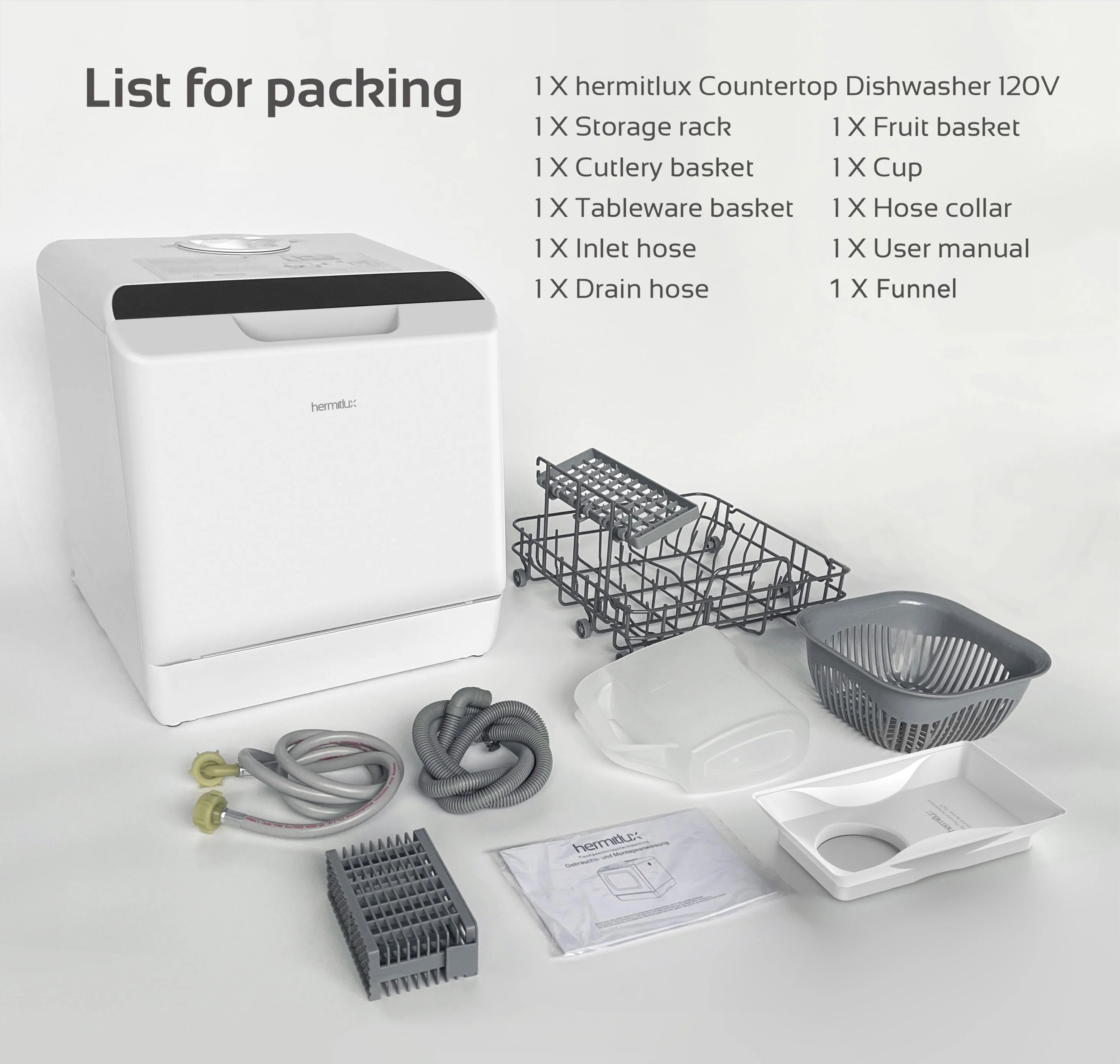 Hermitlux Portable Countertop Dishwasher, 5 Washing Programs, 5L Built-in Water Tank and Air-Dry Function, HMX-DW03