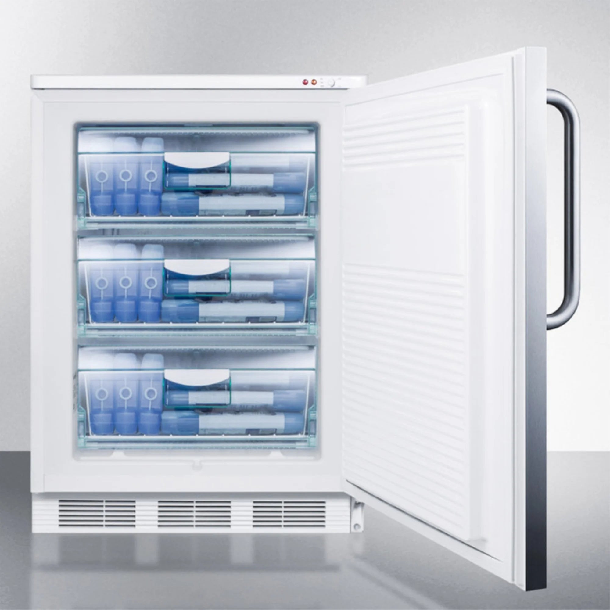 Freestanding medical all-freezer capable of -25 C operation, with front lock, wrapped stainless steel door and towel bar handle