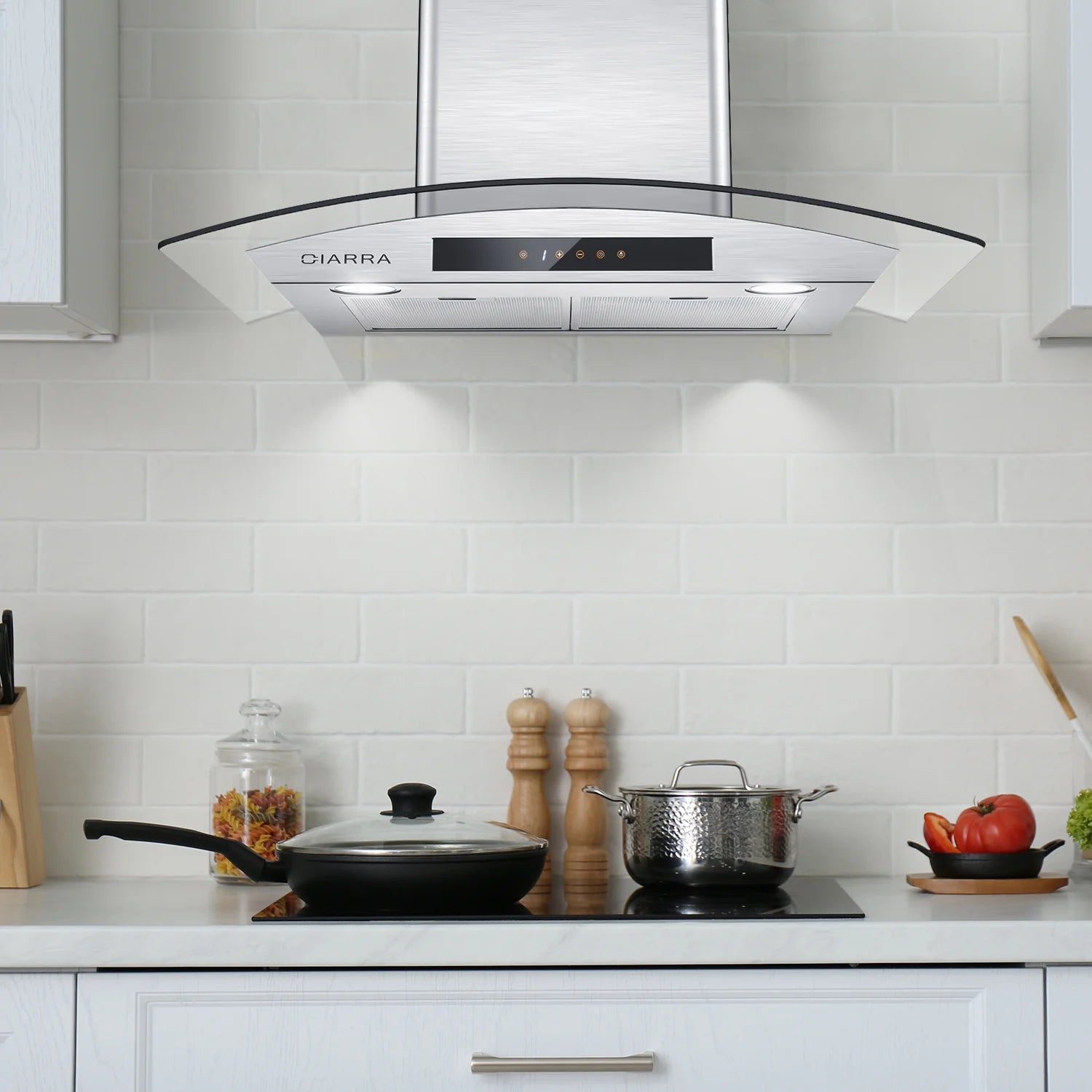 CIARRA Wall Mount Range Hood 30 inch with Tempered Glass 450 CFM Kitchen Vent Hood Ductless Ducted Convertible CAS50275