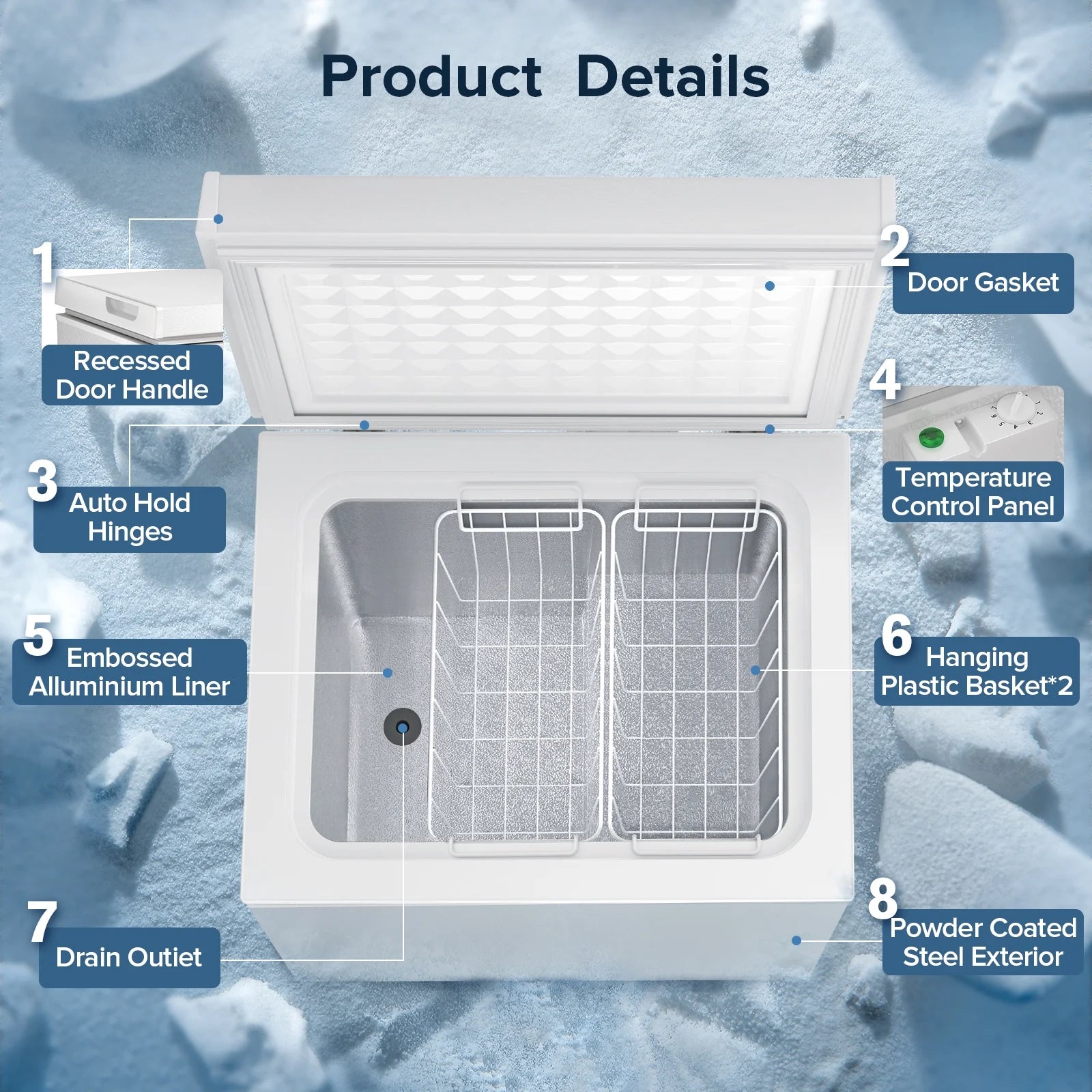 Auseo Mini Freezer Chest 3.5 cu ft,  Black Deep Freezer & Side Handle, Compact Freezer with 7 Gear Adjustable Temperature, Removable Storage Basket*2, Energy Saving