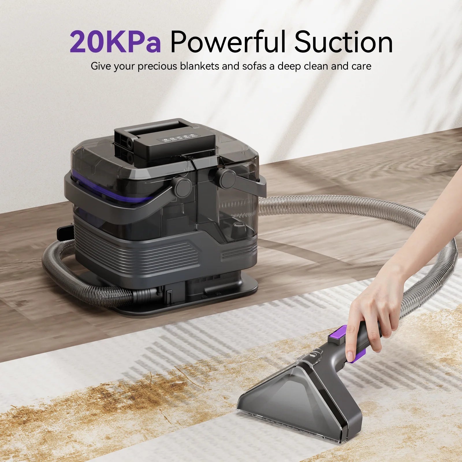 Inolait Portable Carpet Cleaner Machine, 20Kpa Powerful Upholstery Cleaner Machine, 66oz Large Water Tank, with Brush for Pets, Stairs, Black