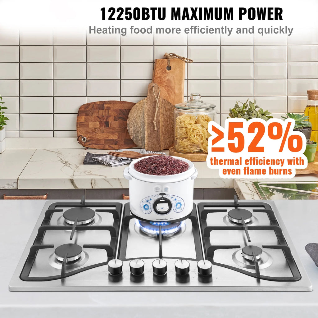 KFFKFF Gas Cooktop Stove Top 30 inch Max 12250BTU 5 Burners Built-in LPG/NG Convertible